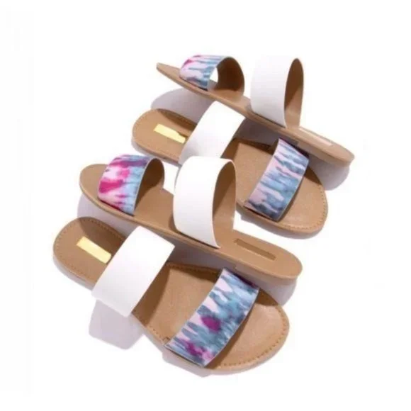 !! NEW !! White & Tie Dye Double Band Slide Sandals - Picture 4 of 4